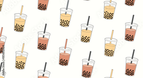 Cute seamless pattern of bubble tea or boba tea cups in a hand-drawn style on a light background. This trendy beverage design is perfect for cafe decor or textiles.