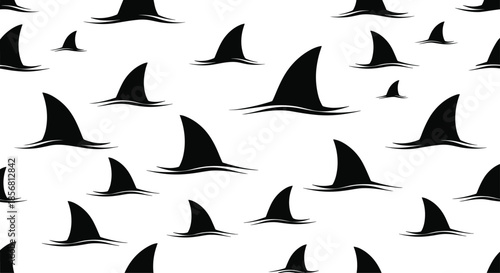 Minimalist seamless pattern of black shark fins moving through water on a white background. This simple, dramatic design is perfect for a bold and modern look.