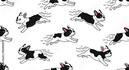 Dynamic seamless pattern of cartoon French bulldogs running with speed lines on a white background. This energetic design is great for pet-themed fabric or paper.