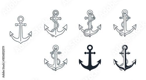 Set of various anchor icons in a hand-drawn sketch and solid black style, some with ropes. This nautical collection is perfect for maritime or naval-themed designs.