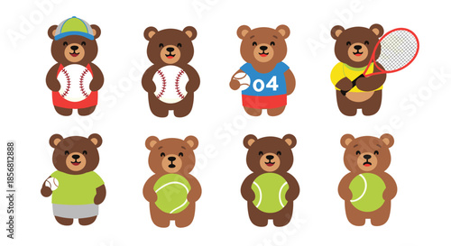 Collection of cute teddy bear characters playing sports like baseball and tennis. This adorable and athletic animal set is isolated on a white background for kids.