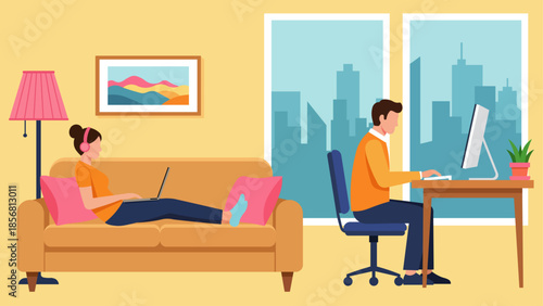 Remote work lifestyle illustration of a man and woman working in a shared living space. Woman using laptop on couch and man working on desktop at table with city skyline background.
