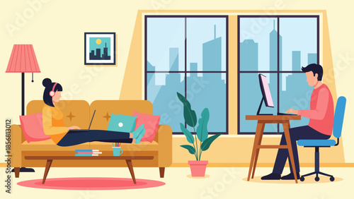 Young couple working from home in a modern city apartment illustration. Man at desk with computer and woman on sofa with laptop and headphones in living room with urban window view.