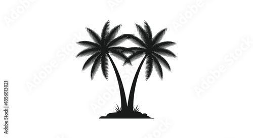 Romantic silhouette of two palm trees leaning together to form a heart shape with their leaves, a lovely logo concept. Perfect for weddings or vacation romance.