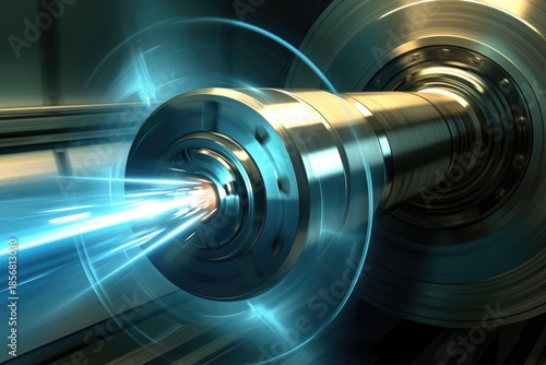 Industrial mill closeup with laser beams creating light-trails on metal surface for manufacturing technology background