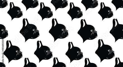 Monochrome seamless pattern of black French bulldog head silhouettes in profile on a white background for a modern design. This minimalist graphic is great for textiles.