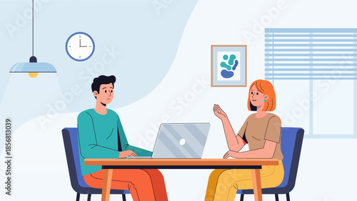 Business collaboration illustration of a man and woman discussing a project at a table with a laptop. Teamwork, consulting, and communication in a modern office or home setting.