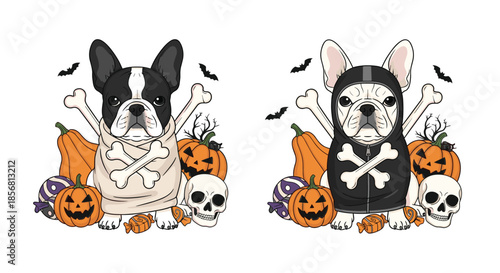 Two cute French bulldogs dressed in skeleton costumes for Halloween, surrounded by pumpkins, skulls, and candy. This festive illustration is isolated on white.