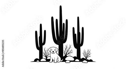 Black and white silhouette illustration of a cute puppy sitting in a desert landscape with saguaro cactus and rocks. A simple and serene nature scene.