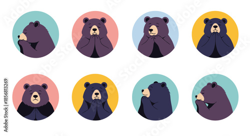 Set of bear character icons inside colorful circles showing various emotions while praying, hoping, or thinking deeply. A thoughtful and expressive collection.