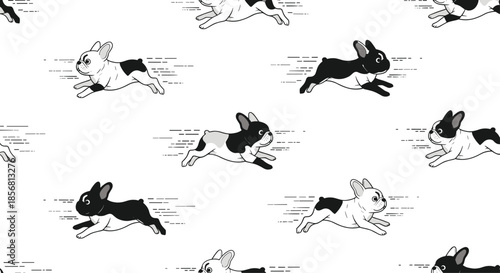 Monochrome seamless pattern of black and white French bulldogs running with motion lines, creating a sense of speed. An energetic design for pet lovers.