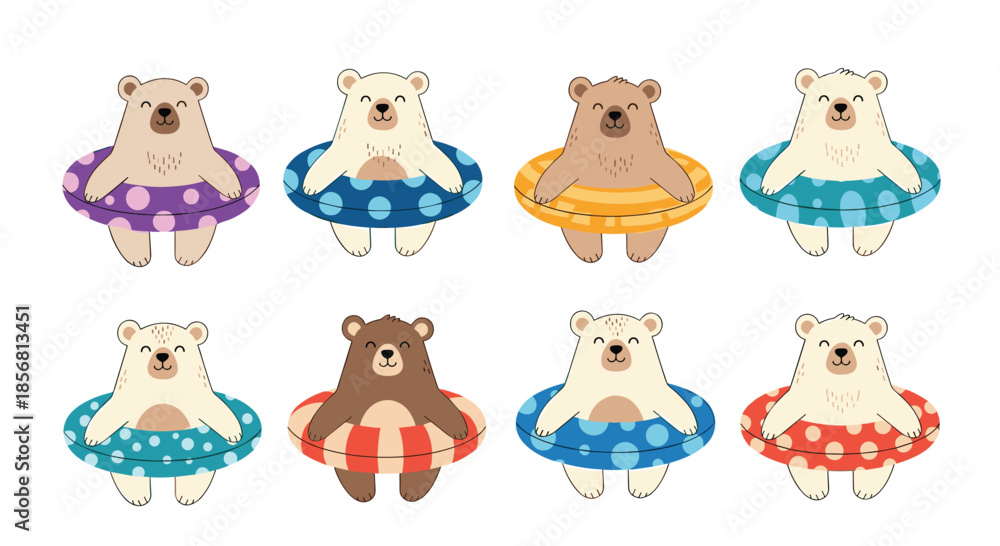 Fototapeta premium Collection of cute polar and brown bears relaxing in colorful, patterned swimming pool floats, perfect for summer themes. This adorable set is isolated on white.