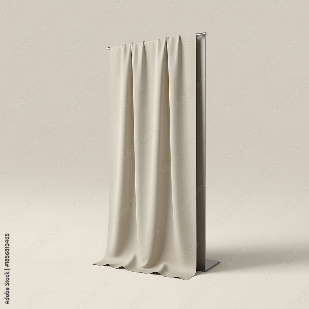 Fototapeta premium A simple off white curtain hangs gracefully on a metallic stand indoors