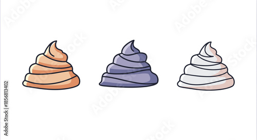 Simple icon set of three swirls of whipped cream or soft serve ice cream in orange, purple, and white color variations. This sweet dessert graphic is isolated.