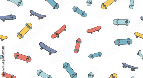 Seamless pattern of colorful skateboards in red, yellow, and blue scattered randomly on a white background for a youthful design. Perfect for teens and kids.