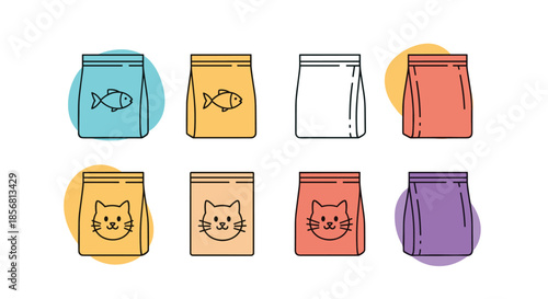 Set of colorful pet food bag icons with fish and cat face symbols, shown in both line art and filled color styles with abstract watercolor backgrounds.