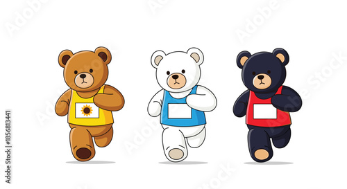 Three cute teddy bears?brown, white, and black?participating in a marathon, running with race bibs on their colorful shirts. An adorable illustration about sports.