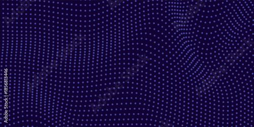 Abstract purple halftone dots background with flowing wave pattern n depth effect, modern digital texture design suitable for technology themes, presentations, posters, branding, websites, wallpapers.