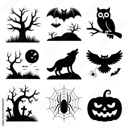 A series of nine silhouettes feature classic Halloween symbols.