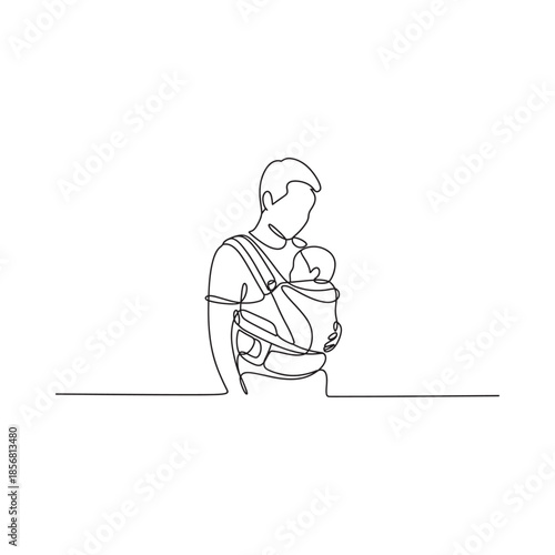 A continuous line drawing of a father carrying a baby in a sling