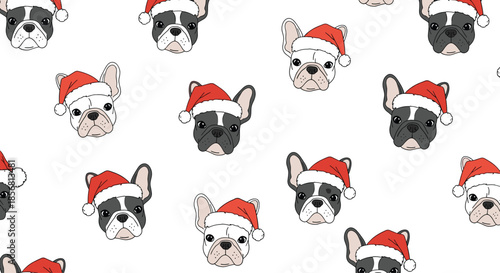 Festive seamless pattern of cute French bulldog faces wearing red Santa hats, perfect for Christmas-themed wrapping paper. This adorable design is on a white background.