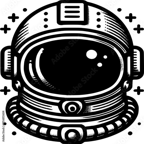 Cosmic Explorer's Helmet: An intricately detailed illustration of a vintage astronaut's helmet, rendered in bold lines, suggesting a spirit of adventure and exploration of the unknown.