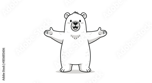 Friendly cartoon polar bear standing with its arms wide open, offering a hug, illustrated in a simple black and white style. An adorable and welcoming character.