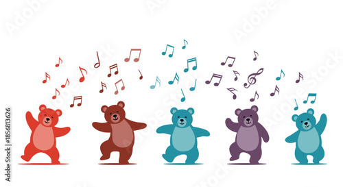 Joyful illustration of five colorful cartoon bears dancing happily underneath a cascade of musical notes, isolated on white. A fun design celebrating music and dance.
