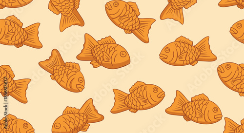 Seamless pattern of Japanese taiyaki, a fish-shaped cake, scattered on a light orange background for a sweet food theme. Perfect for cafe or bakery branding.