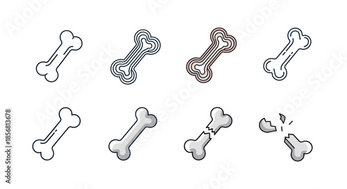 Set of eight bone icons in various styles, including simple outline, shaded, layered, and broken, for different design uses. A versatile collection for multiple themes.