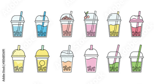 Large collection of colorful bubble tea or boba drinks in plastic cups with straws, showing various flavors and toppings. A trendy set for cafe menus or posters.