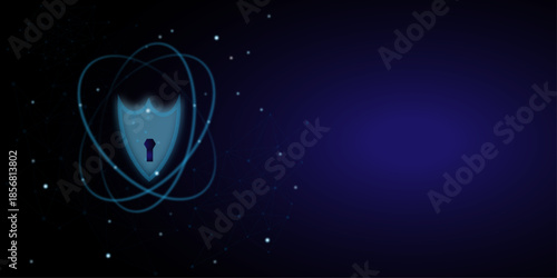 Cyber security concept. Fingerprint scanning on circuit board. Digital shield icon with lock symbol glowing in blue light.