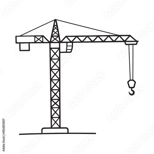 Simple black and white line drawing of a construction tower crane with a hook