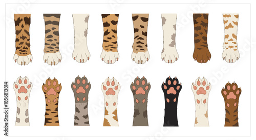 Collection of various cat paws and legs showing different fur patterns and colors, including views of the top and bottom pads. A detailed set for animal lovers.