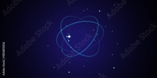 Abstract atom cosmic icon or symbol. Nuclear science concept on technology blue background. Chemistry science concept