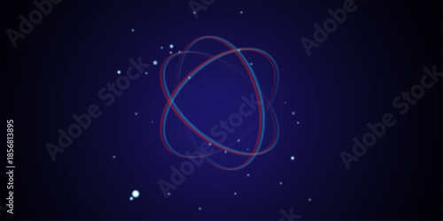 Nuclear energy science concept.  Atom or molecule with light orbits and bright sparkles in blue polygonal style.