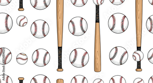 Seamless pattern of hand-drawn baseballs and wooden bats scattered on a white background, perfect for sports-themed projects. A classic design for fabric or paper.