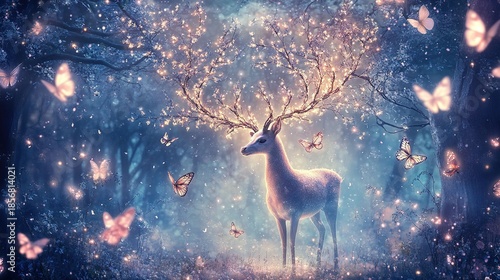 Enchanted Forest Stag with Glowing Antlers & Butterflies
