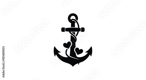 Black silhouette of a nautical anchor wrapped in a vine with two hearts, symbolizing steadfast love, hope, and maritime connection, isolated on a clean white background.