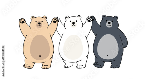 Adorable illustration of three cartoon bears, a brown bear, a polar bear, and a black bear, standing together and waving their paws in a friendly greeting.