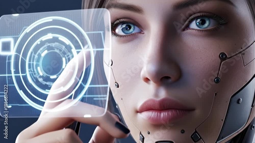 Exploring a futuristic digital interface with a humanoid machine assistant