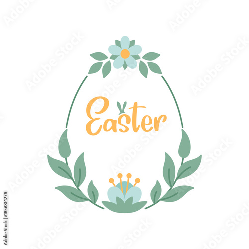 Easter Floral Egg Frame with Blossom Flowers and Leaves. Cute Spring Bouquet Holiday Decor Design for Greeting Cards, Invitation. Festive Easter Lettering in Botanical Wreath. Vector Illustration