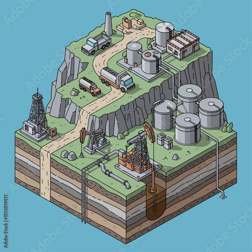Isometric illustration of an oil and gas extraction site with drilling rigs, pumpjacks, pipelines, storage tanks, and tanker trucks.