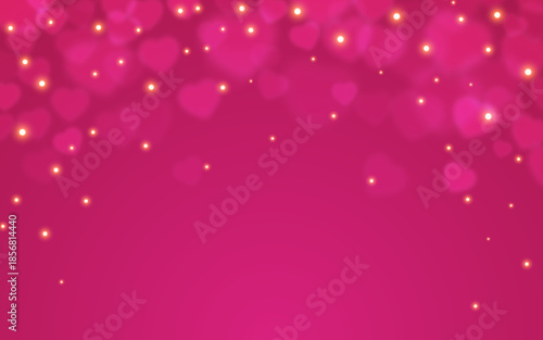 Valentines Day Love Pink Heart Bokeh Banner. Soft Abstract Hearts Glowing Light Background with Sparkle Particles for Romantic Wallpaper Design, Wedding Celebration Greeting Card. Vector Illustration