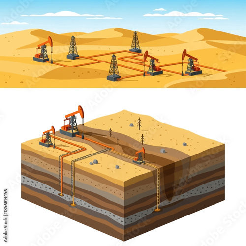 Detailed illustration of oil drilling and extraction in a desert environment with geological layers.