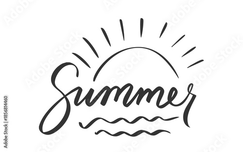 Summer Handwritten Lettering with Sun Rays Wave Elements. Minimal Black and White Calligraphy for Beach Seasonal Design, Holiday Poster Print Greeting Card Typography Decoration. Vector Illustration