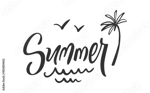 Summer Handwritten Lettering with Palm Tree Flying Seagull Birds Ocean Waves. Tropical Beach Vacation Holiday Mood Script for Poster Print Cards Apparel Design Modern Calligraphy. Vector Illustration