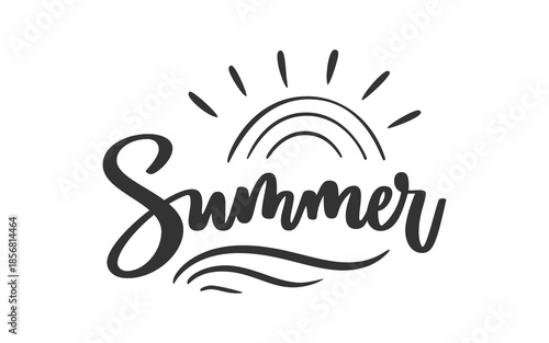 Summer Handwritten Lettering with Rainbow Arc Sun Rays Ocean Waves. Summer Beach Calligraphy Script for Poster Print Apparel Greeting Card Branding Sticker Minimal Clean Wall Art. Vector Illustration