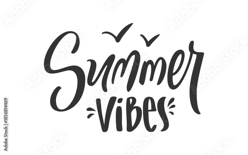Summer Vibes Handwritten Lettering with Flying Birds. Clean Hand Drawn Calligraphy Artwork for Card Poster T Shirt Print Apparel Minimal Modern Stickers. Script Decorative Accent. Vector Illustration