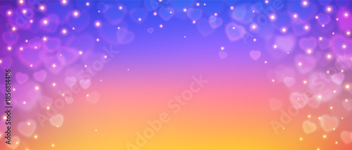 Abstract Heart Bokeh Background with Soft Dreamy Glowing Lights Particles, Colorful Smooth Gradient Sky. Romantic Love Valentines Day Backdrop. Invitation Card Festive Design. Vector Illustration